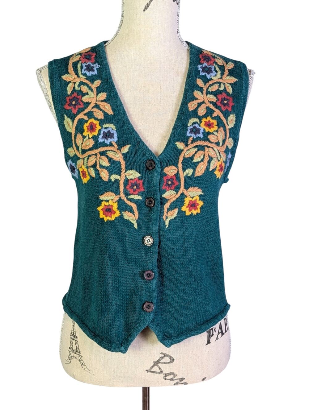 Vintage 90s Floral Embroidered Sweater Vest Teal Pronto Gold S